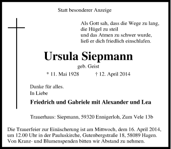Traueranzeige von Ursula Siepmann von Tageszeitung