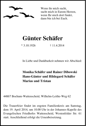 Traueranzeige von Günter Schäfer von Tageszeitung