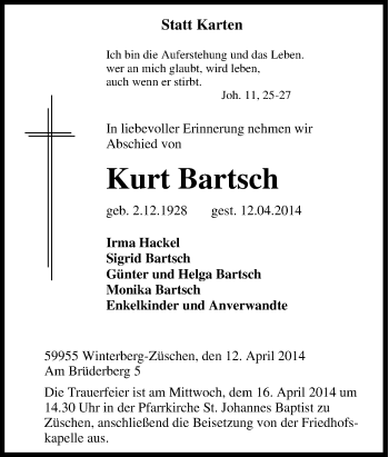 Traueranzeige von Kurt Bartsch von Tageszeitung