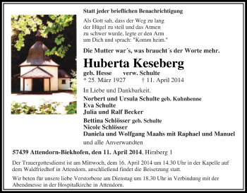 Traueranzeige von Huberta Keseberg von Tageszeitung