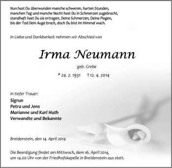 Traueranzeige von Irma Neumann von Tageszeitung