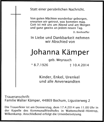 Traueranzeige von Johanna Kämper von Tageszeitung