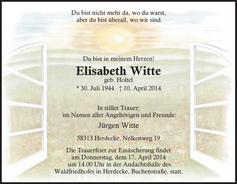 Traueranzeigen Von Elisabeth Witte Trauer In Nrwde 6732