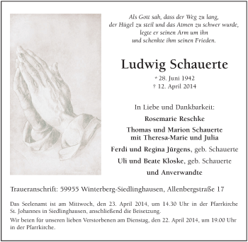 Traueranzeige von Ludwig Schauerte von Tageszeitung