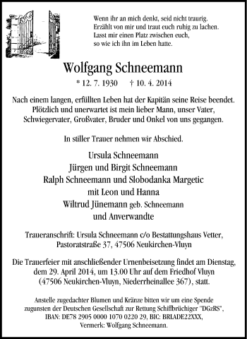 Traueranzeige von Wolfgang Schneemann von Tageszeitung