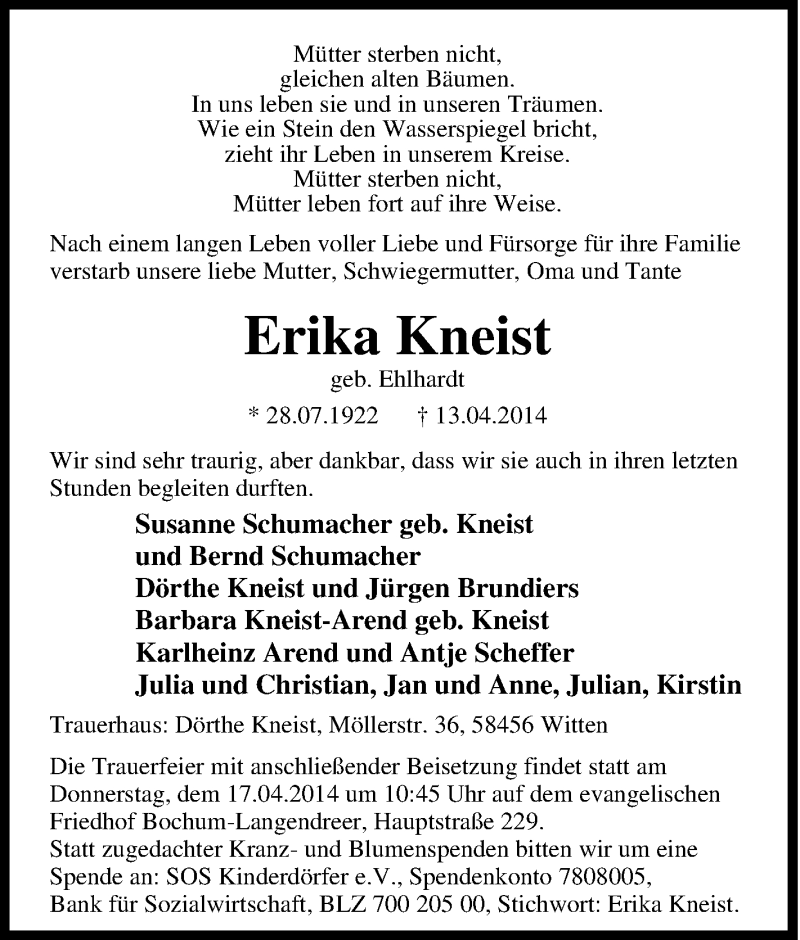  Traueranzeige für Erika Kneist vom 16.04.2014 aus Tageszeitung