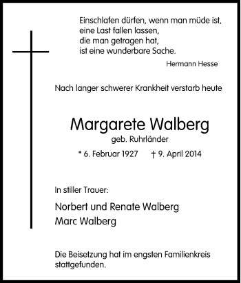 Traueranzeige von Margarete Walberg von Tageszeitung