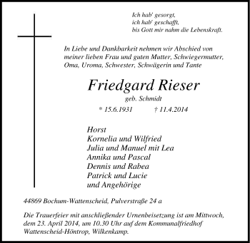 Traueranzeige von Friedgard Rieser von Tageszeitung