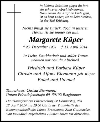 Traueranzeige von Margarete Küper von Tageszeitung