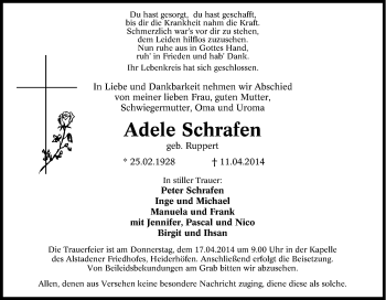 Traueranzeige von Adele Schrafen von Tageszeitung