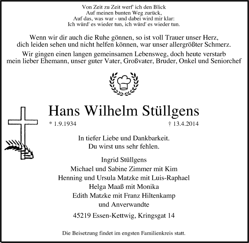  Traueranzeige für Hans Wilhelm Stüllgens vom 16.04.2014 aus Tageszeitung