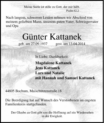 Traueranzeige von Günter Kattanek von Tageszeitung