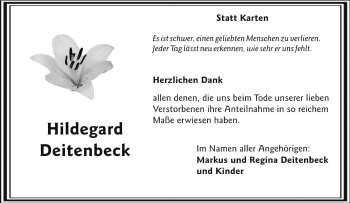 Traueranzeige von Hildegard Deitenbeck von Tageszeitung