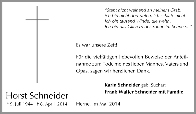  Traueranzeige für Horst Schneider vom 17.04.2014 aus Tageszeitung