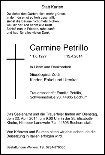 Traueranzeige von Carmine Petrillo von Tageszeitung
