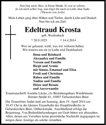 Traueranzeige von Edeltraud Krosta von Tageszeitung