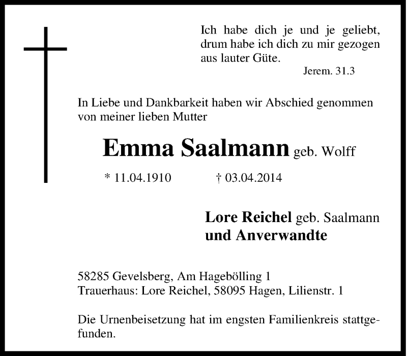  Traueranzeige für Emma Saalmann vom 17.04.2014 aus Tageszeitung
