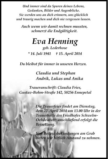 Traueranzeige von Eva Henning von Tageszeitung
