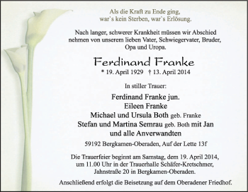 Traueranzeige von Ferdinand Franke von Tageszeitung
