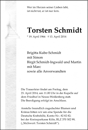 Traueranzeige von Torsten Schmidt von Tageszeitung