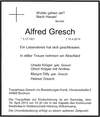 Traueranzeige von Alfred Gresch von Tageszeitung