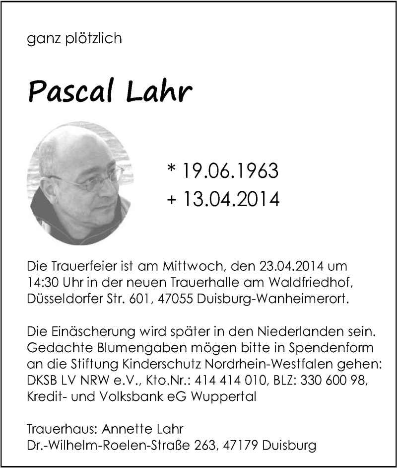  Traueranzeige für Pascal Lahr vom 19.04.2014 aus Tageszeitung