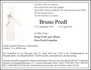Traueranzeige von Bruno Predl von Tageszeitung