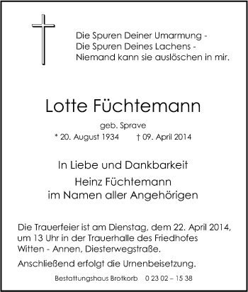 Traueranzeige von Lotte Füchtemann von Tageszeitung