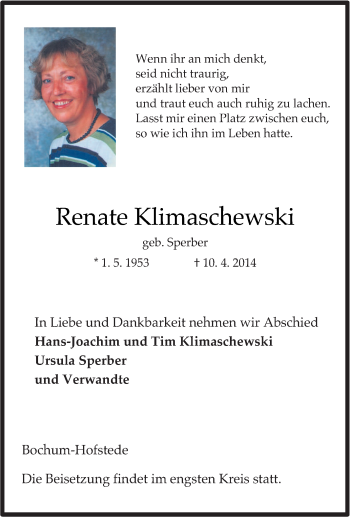 Traueranzeige von Renate Klimaschewski von Tageszeitung