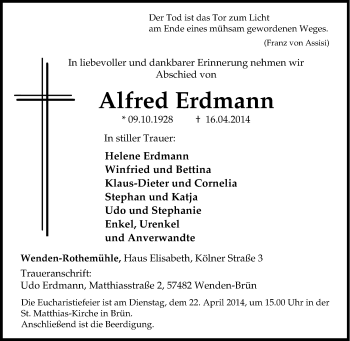 Traueranzeige von Alfred Erdmann von Tageszeitung