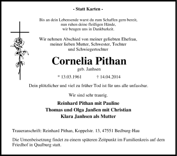Traueranzeige von Cornelia Pithan von Tageszeitung