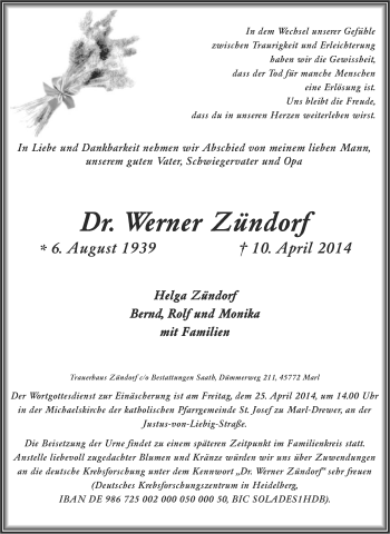 Traueranzeige von Werner Zündorf von Tageszeitung