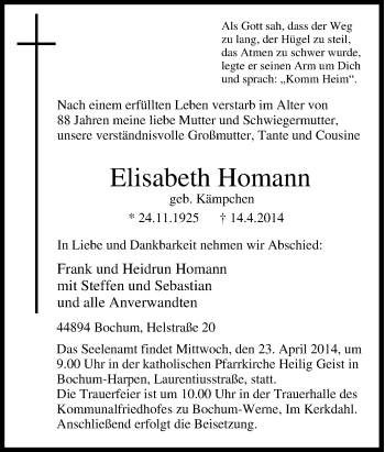 Traueranzeige von Elisabeth Homann von Tageszeitung