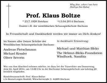 Traueranzeige von Klaus Boltze von Tageszeitung