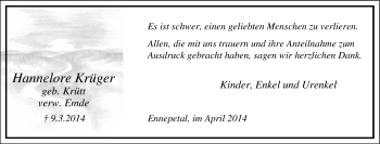 Traueranzeige von Hannelore Krüger von Tageszeitung