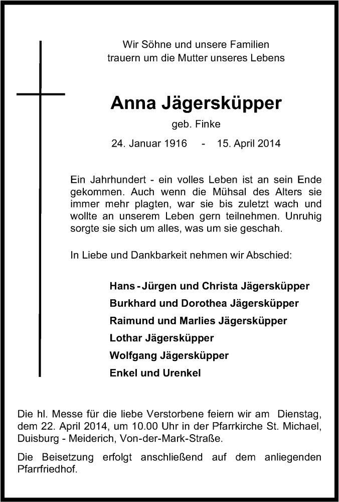  Traueranzeige für Anna Jägersküpper vom 17.04.2014 aus Tageszeitung