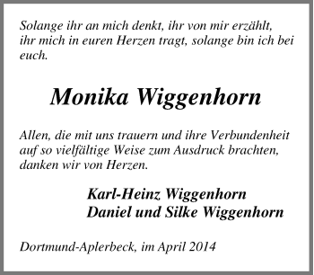 Traueranzeige von Monika Wiggenhorn von Tageszeitung