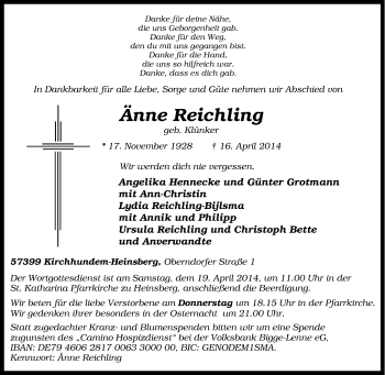 Traueranzeige von Änne Reichling von Tageszeitung