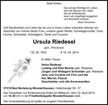 Traueranzeige von Ursula Riedesel von Tageszeitung