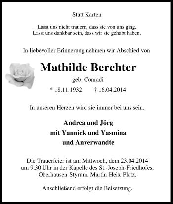 Traueranzeige von Mathilde Berchter von Tageszeitung