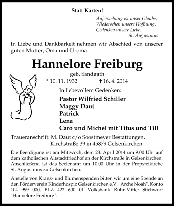 Traueranzeige von Hannelore Freiburg von Tageszeitung