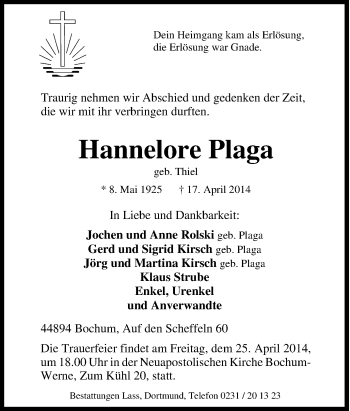 Traueranzeige von Hannelore Plaga von Tageszeitung