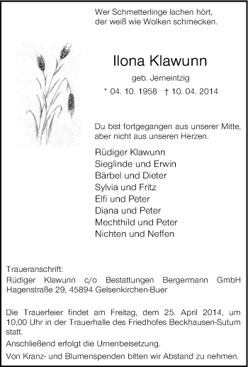 Traueranzeige von Ilona Klawunn von Tageszeitung