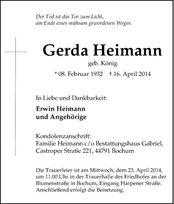 Traueranzeige von Gerda Heimann von Tageszeitung