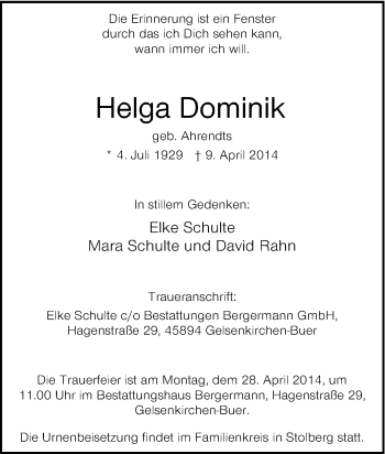 Traueranzeige von Helga Dominik von Tageszeitung