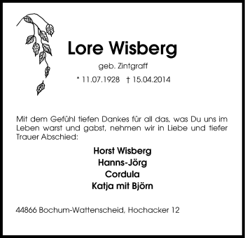 Traueranzeige von Lore Wisberg von Tageszeitung