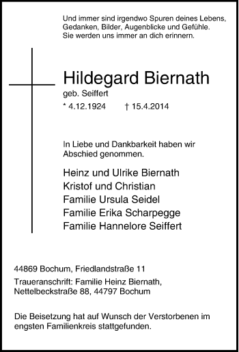 Traueranzeige von Hildegard Biernath von Tageszeitung