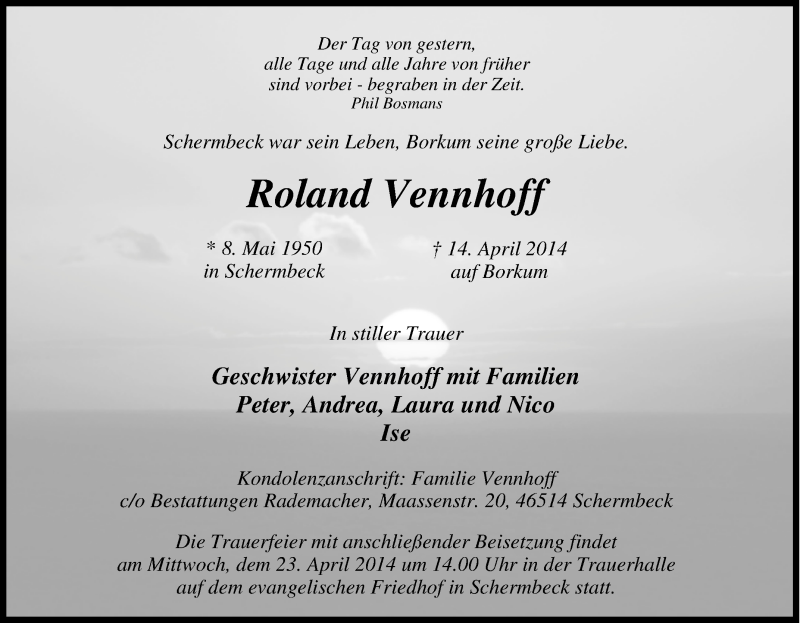 Traueranzeige für Roland Vennhoff vom 19.04.2014 aus Tageszeitung