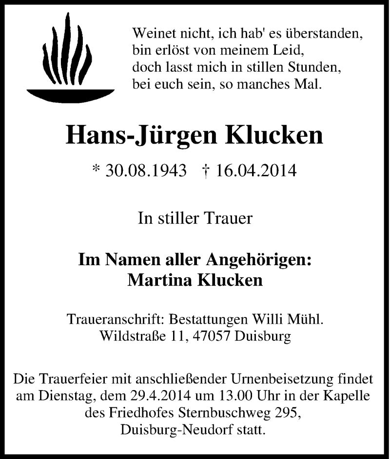  Traueranzeige für Hans-Jürgen Klucken vom 23.04.2014 aus Tageszeitung