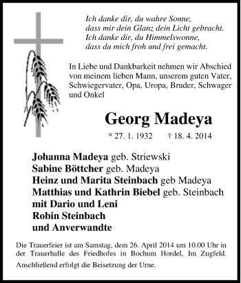 Traueranzeige von Georg Madeya von Tageszeitung